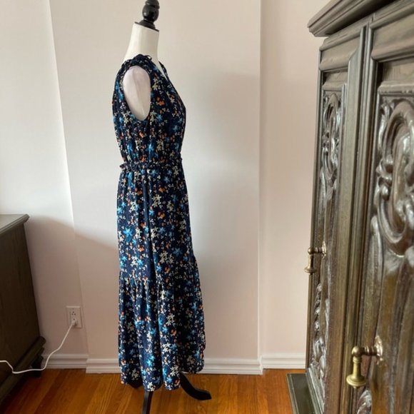 Gap Floral Tiered MIDI Dress Navy Blue v neck with shoulder ties - Picture 11 of 14